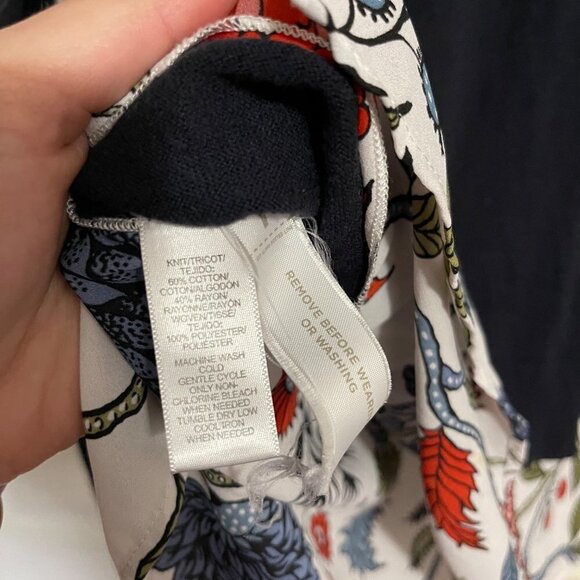 LOFT Women's Navy Blue Floral Semi Sheer Faux Layer Ribbed Cuff Sweater Medium P - Picture 6 of 7